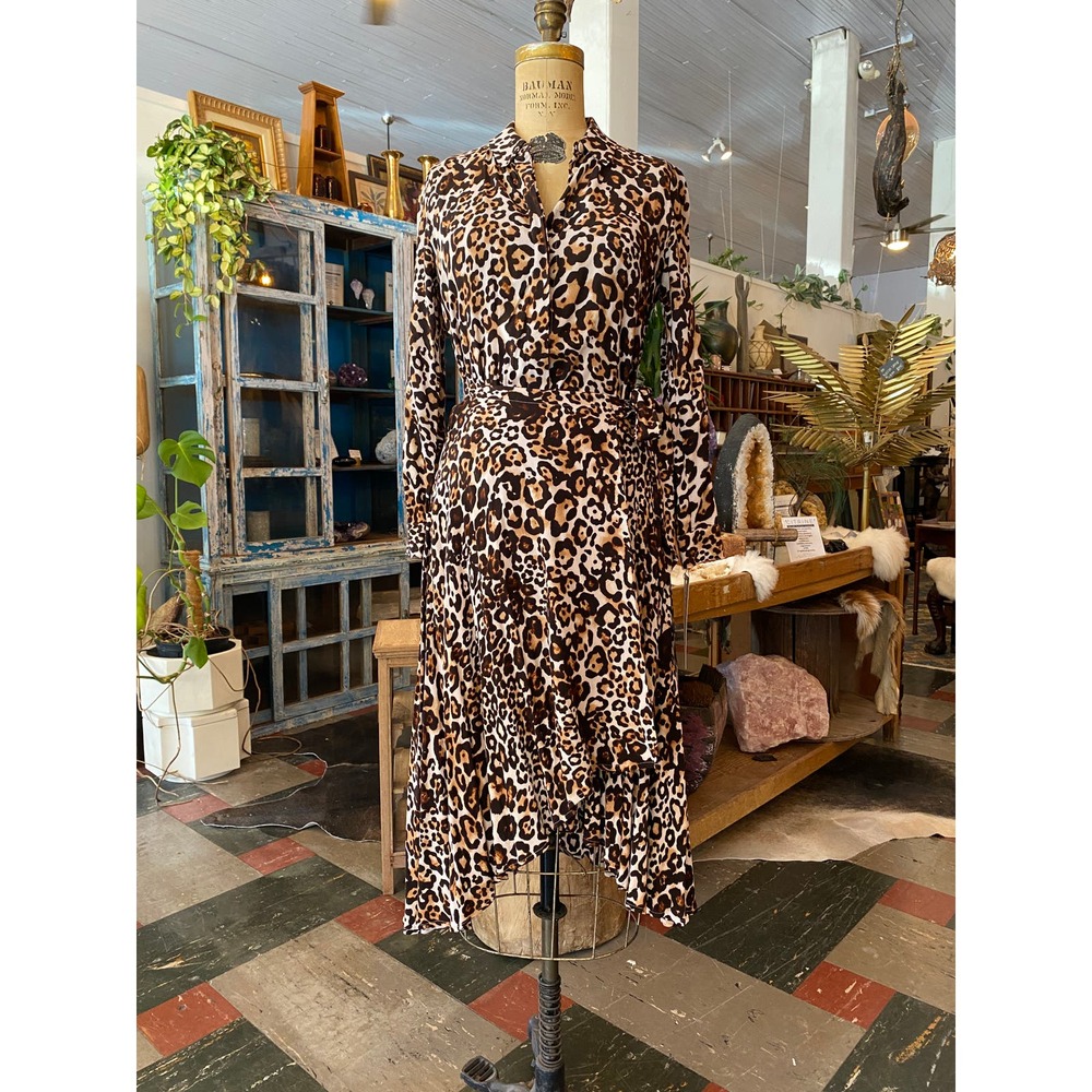 leopard print wrap dress, y2k fashion, vintage 90s dress, tie through, animal, s
